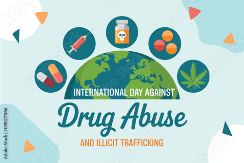 International Day Against Drug Abuse and Illicit Trafficking Globe Icons, World Globe Various Drug Icons Awareness Day Against