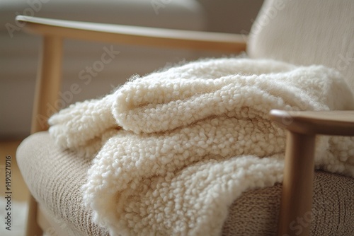 close-up of a fluffy wool blanket folded over a light wood chair. Generative AI