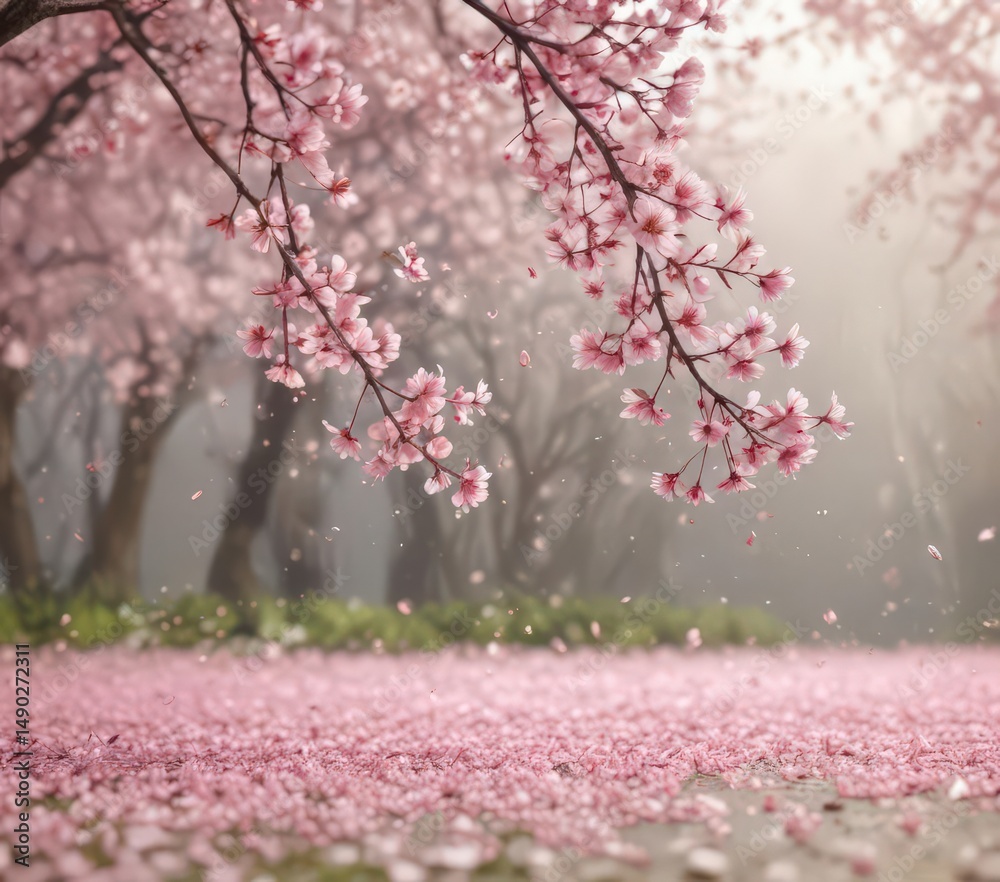 Fototapeta premium Delicate pink sakura petals drift on a soft-focus spring backdrop , tranquil, macro