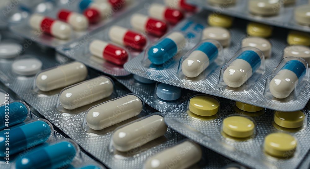 Closeup of Assorted Pharmaceutical Capsules and Tablets in Blister Packs, Pharmacy, Healthcare, Medicine Closeup of Assorted Pharmaceutical Capsules and Tablets in Blister Packs, Pharmacy, Healthcare, Medicine
