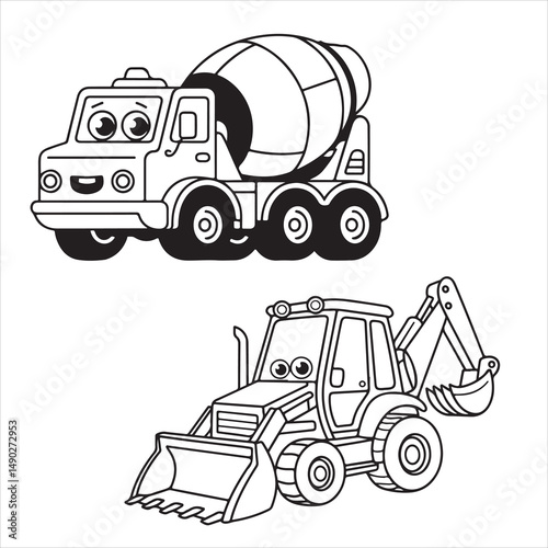 Fun and Easy Kids Coloring Page of a Smiling Cement Mixer Truck and Playful Backhoe Loader