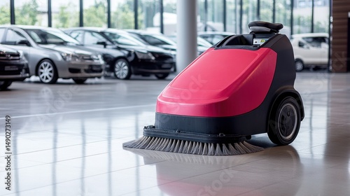 Brightly colored floor scrubber stationed on clean concrete inside an auto showroom