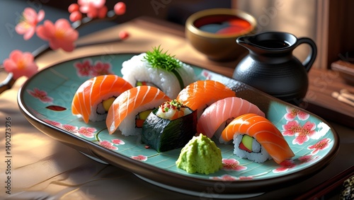 selection of nigiri sushi, consisting of salmon, tuna, and crab pieces