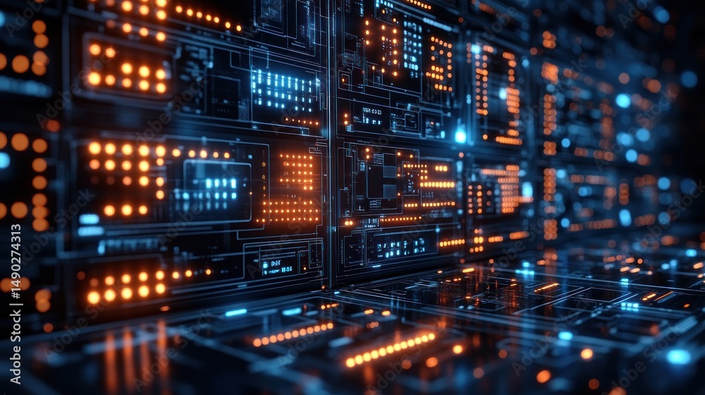 Abstract Digital Server Room: Futuristic Technology, Network, Data Center Abstract Digital Server Room: Futuristic Technology, Network, Data Center