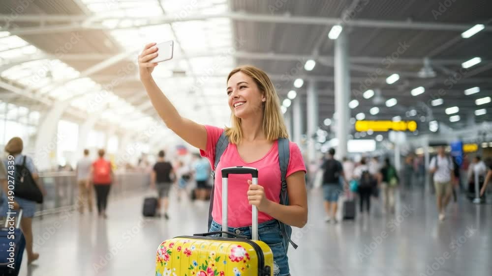 Happy young woman taking a selfie photo with her smartphone in the airport terminal building before boarding her flight, travel vacation concept footage.