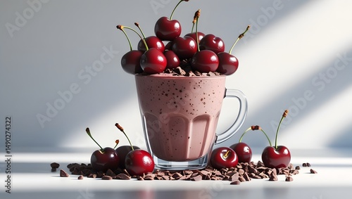 Cherry chocolate protein smoothie overflowing from a clear glass cup, topped with a generous helping of plump, juicy fresh cherries, and sprinkled with dark brown cacao nibs