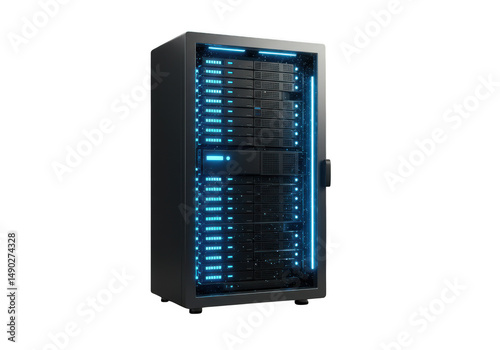 Data server rack isolated on transparent background with blue lights