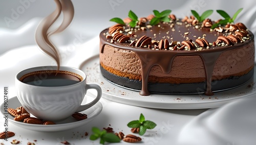 chocolate cheesecake with a thick, gooey chocolate ganache topping, sprinkled with crushed pecans and fresh mint leaves, situated on a crisp