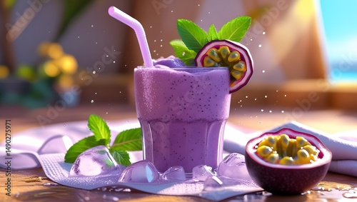 Fresh passion fruit smoothie drink set against a warm, sunny summer background