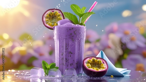 Fresh passion fruit smoothie drink set against a warm, sunny summer background
