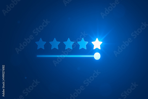 Five Glowing Stars on Blue Background: Performance, Achievement, Success Rating, Customer Review, Satisfaction Concept – Top Ranked Excellence Badge for High Quality Service and Trust