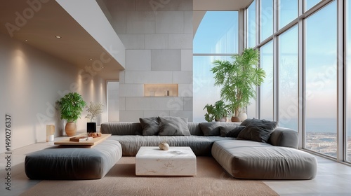 高層階のモダンなリビングルーム。ソファー、観葉植物、大きな窓のある部屋。