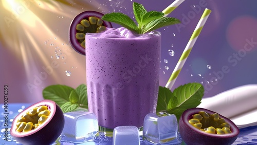 Fresh passion fruit smoothie drink set against a warm, sunny summer background
