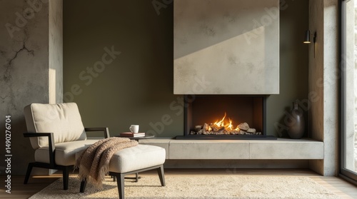 modern fireplace nook in countryside living room, minimalist built-in fireplace with concrete surround