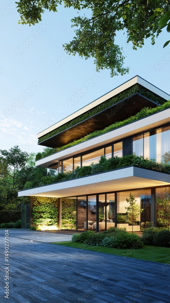 Naklejka premium Modern residential architecture showcase in serene environment with lush greenery and natural light
