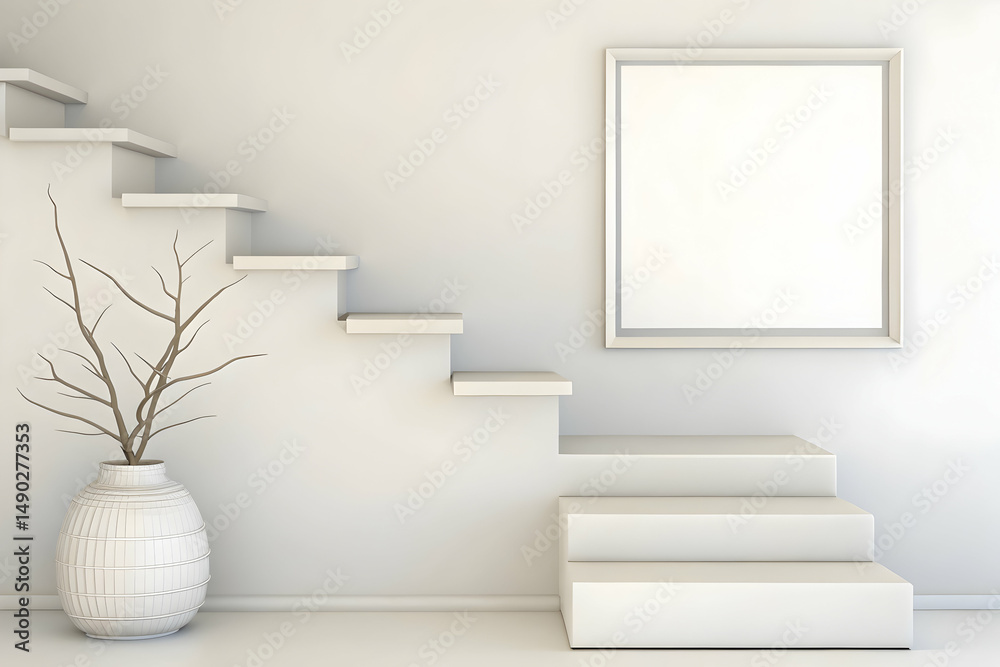 Obraz premium Serene minimalist interior scene with white stairs, vase and frame