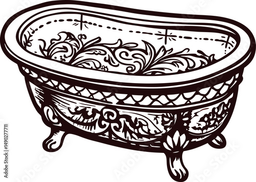 Antique decorative bathtub with intricate floral engravings in black and white art