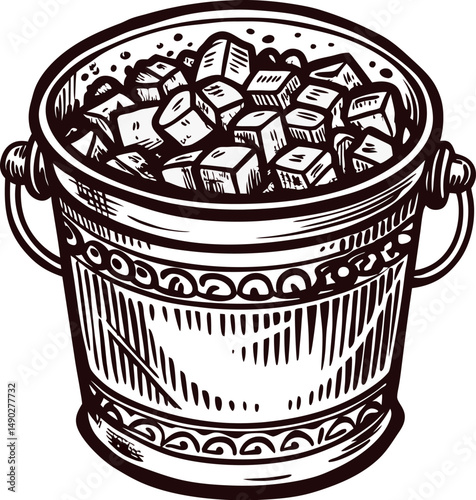 Hand drawn of a rustic bucket filled with ice cubes on white background