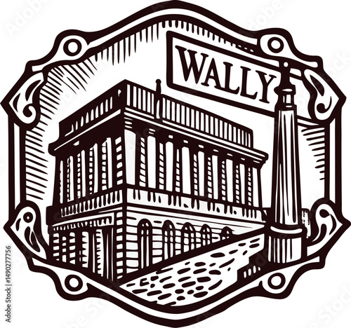 Vintage of a classic building with wally sign