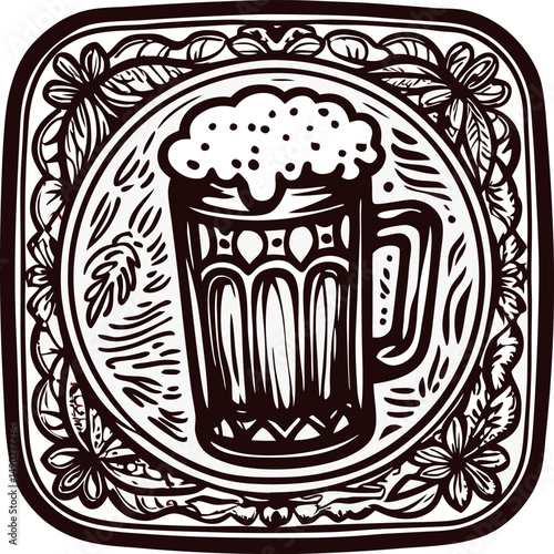 Intricate line art of a beer mug with floral and leaf patterns