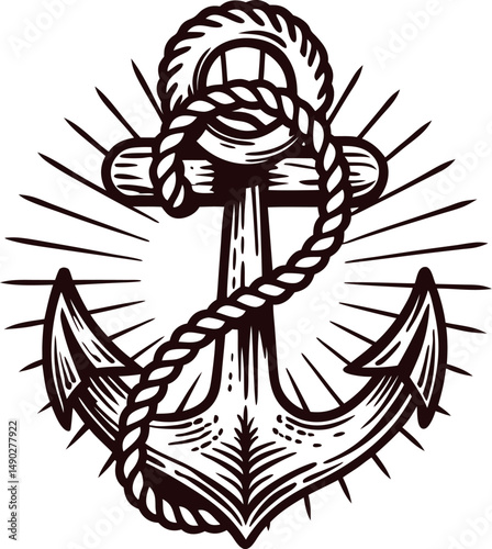 Nautical anchor emblem with rope and radiating lines design