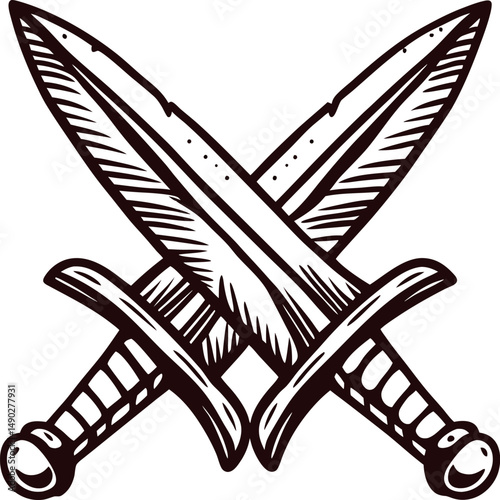 Crossed swords emblem with detailed engraving and intricate patterns