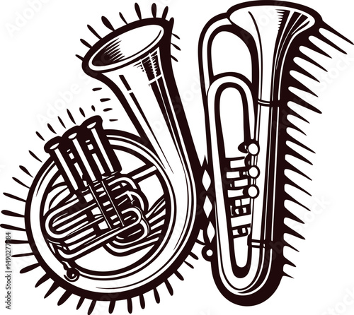 Vintage brass instruments in artistic with trombone and tuba designs
