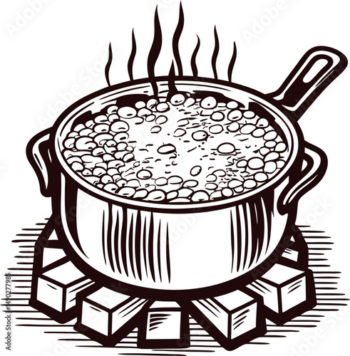 Boiling soup in pot over open flames with detailed bubbling