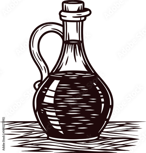 Ornate glass bottle of olive oil in vintage sketch with handle on wooden surface