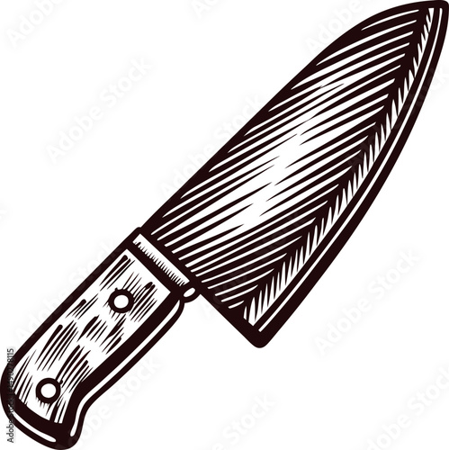 Detailed black and white sketch of a chef's knife with wooden handle