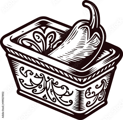 Ornate wooden basket with chili pepper in vintage design