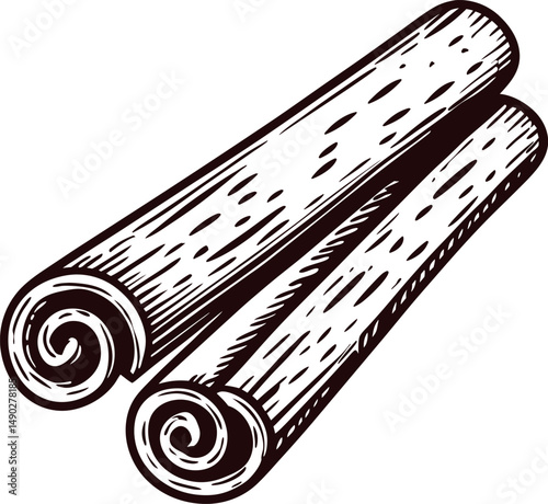 of two cinnamon sticks in a detailed hand drawn