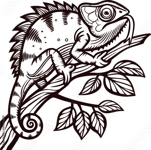 Detailed of a chameleon resting on a tree branch among leaves