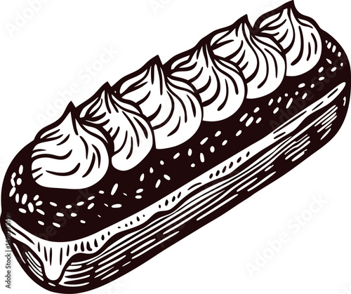 Detailed of a sweet chocolate eclair with cream topping