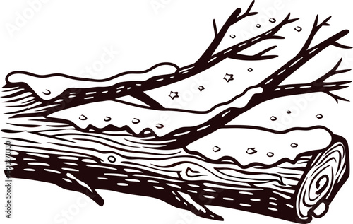 Snow covered tree branch with falling snowflakes and star patterns