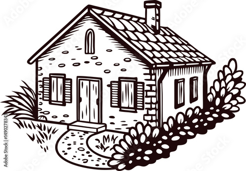 Rustic cottage with stone exterior and garden path surrounded by lush bushes