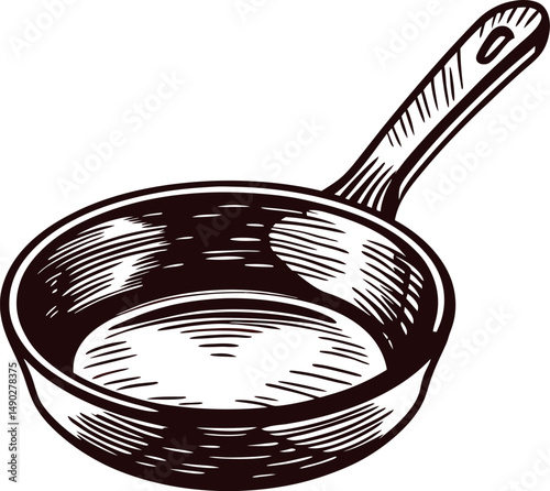 Hand drawn of a frying pan with a long handle in vintage