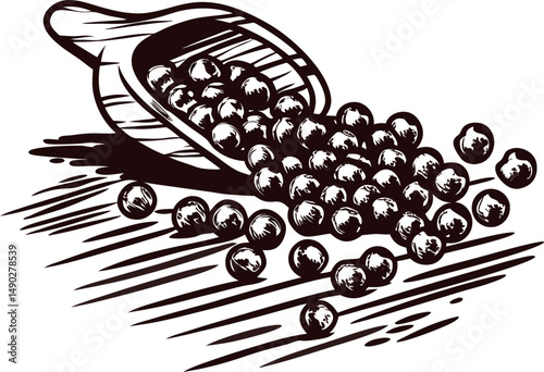 Monochrome of a scoop pouring black peppercorns