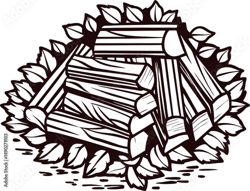 Pile of firewood logs and leaves in a rustic woodcut