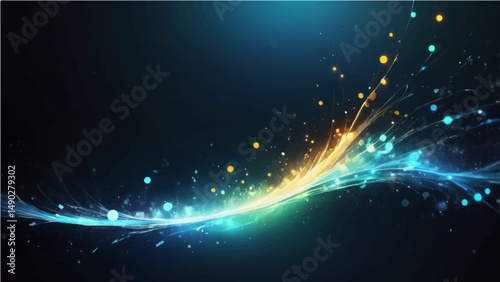 Dark Blue, black abstract background with glowing particles and splash effects. Light from the top left with scattered bokeh and water-like textures. Cool tones of blue, gold with a soft depth