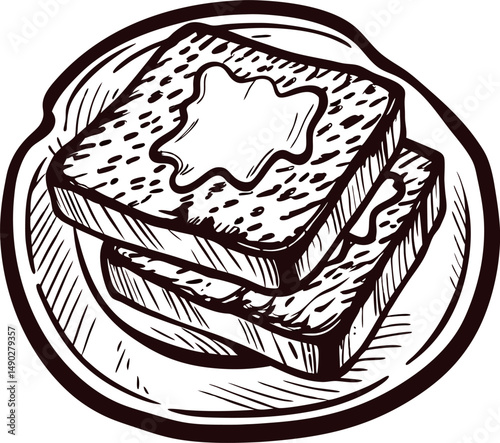 Hand drawn sketch of toast bread with butter on plate reflecting breakfast simplicity