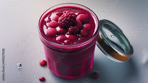 a vibrant red berry smoothie with visible seeds and pulp, overflowing from a transparent glass jar with a sleek