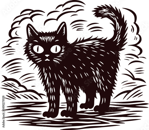Illustrated black cat in stormy environment with expressive eyes and fluffy tail