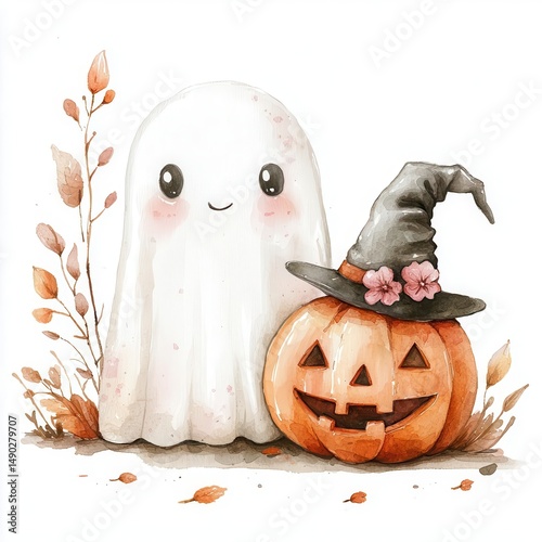Cute white ghost with soft pink floral details, standing next to a small pumpkin with a witch hat on the floor, watercolor clipart, isolated on a white background,