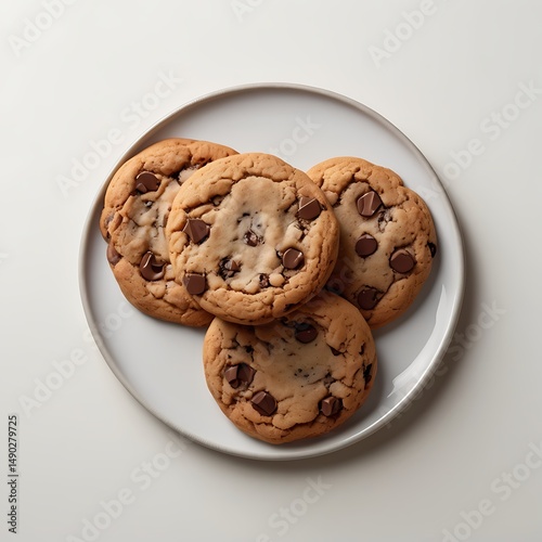 Delectable Cookies on Plate: A mouthwatering close-up captures four freshly baked chocolate chip cookies arranged artfully on a pristine ceramic plate.