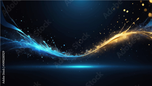 Dark Blue, black abstract background with glowing particles and splash effects. Light from the top left with scattered bokeh and water-like textures. Cool tones of blue, gold with a soft depth
