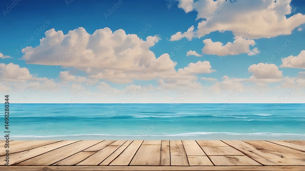 Fototapeta premium Wooden table overlooking tranquil turquoise ocean and stunning fluffy clouds under a blue sky
