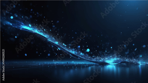 Dark Blue, black abstract background with glowing particles and splash effects. Light from the top left with scattered bokeh and water-like textures. Cool tones of blue,  with a soft depth