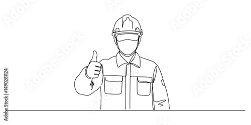 Continuous one line drawing of a technician wearing a protective helmet while giving a thumbs up, representing respect for the profession, labor day, line art style vector illustration.