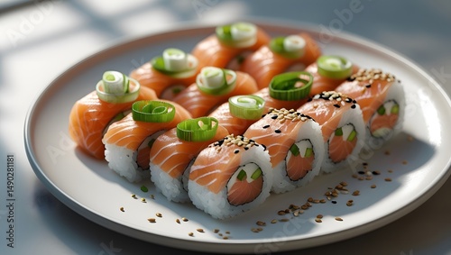 an elegant Philadelphia roll set, composed of succulent salmon sashimi and rich cream cheese